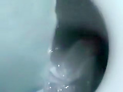 Asian girl rubs pussy on the toilet stall