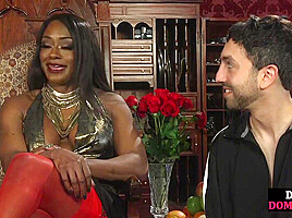 BDSM muscular Ebony domina fucks sub after whipping