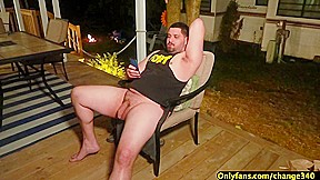 Big Bear Fucks Tattooed Guy Outdoors On Cottage Deck By The Camp Fire