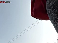 Bimbo in leopard costume concupiscent upskirt