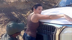 Busty chick gets banged by border guard outdoors