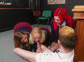 CFNM college babes give group classroom HJ to student 18+