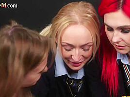 CFNM college babes give group classroom HJ to student 18+