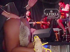 Ebony slave gets lezdom in public