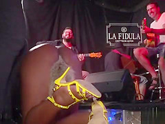 Ebony slave gets lezdom in public
