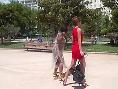 Ebony slave gets lezdom in public