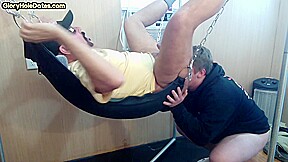 Gloryhole amateur DILF fucked by fat gay in sling after BJ