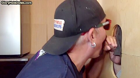 Gloryhole amateur DILF sucks BFs cock for jizz in mouth
