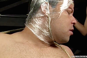 Laviny Albuquerque In Blonde Shemale Mistress Fucks Fat Guy In Bondage