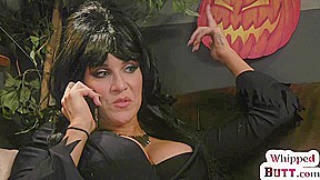 Lez busty sub MILF gets Halloween anal fucking with strapon