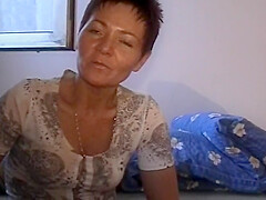 Old And Short Haired German Lady Dildoing Her Muff After A Shower
