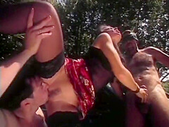 Outdoor Fuck On The Hood Of The Car With Double Penetration For Young Brunette