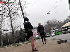Real upskirts of the brunette in tight black dress