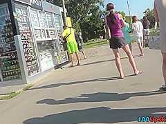 Skinny ass and g-string of a brunette in upskirt mov