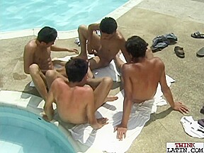 Twink Latinos sucking before group anal sex outdoors