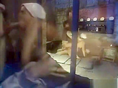 Two guests fuck a waitress in a cafe