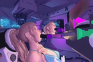 Vr Chick Having Fun With Toy While On A Space Ship