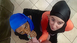 White Slut And Myself Sucking Cock While Wearing Hijabs, Cum Facials 10 Min