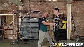 Wrapped up sub twink gets a messy jerkoff from old perv
